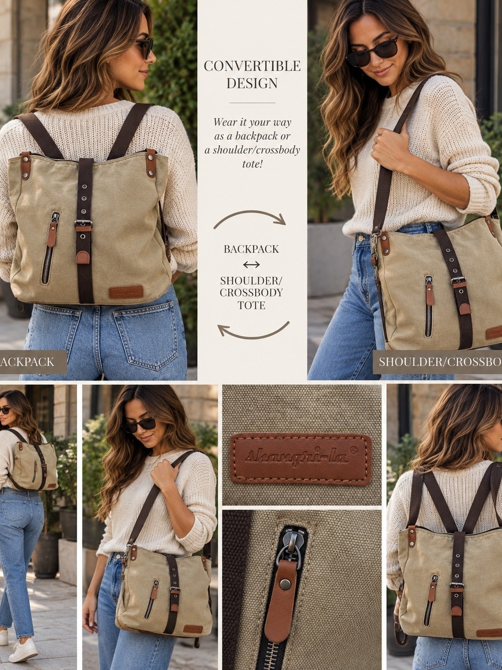Shangri-La Canvas & Leather Accent Convertible Backpack Tote Bag